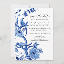 Oud marineblauw-witte chinoiserie bloemenprint save the date
