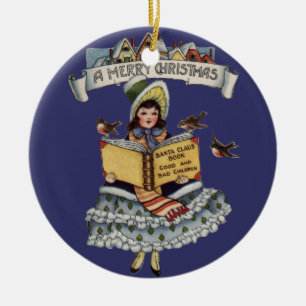 Oud Meisje en Kerstman Boek Keramisch Ornament
