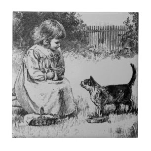 Oud meisje en kitten tegeltje