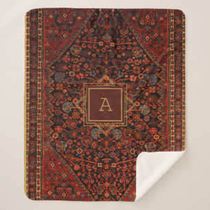 Oud Oosters Tapijt Monogram Rood Bourgondiërood Go Sherpa Deken