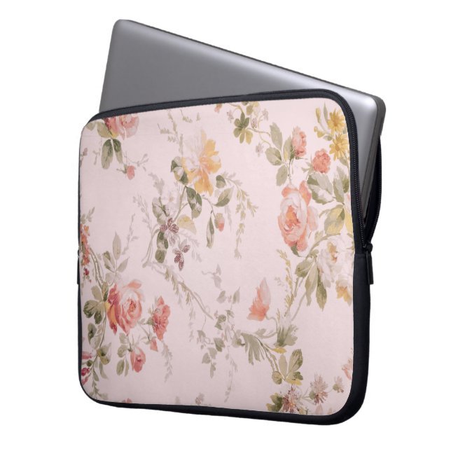 Oud-ouderwetse Roze Floral Wallpaper Laptop Sleeve (Voorkant Links)