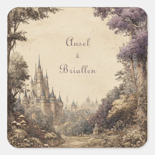 Oud Paars Boom Kasteel Dorps Huwelijk Vierkante Sticker (Voorkant)