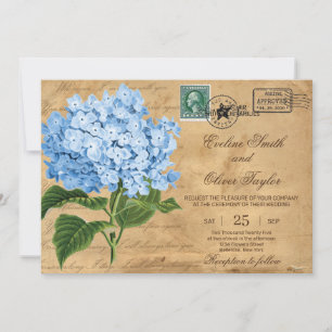  oud papier met blauwe hydrangea bruiloft kaart