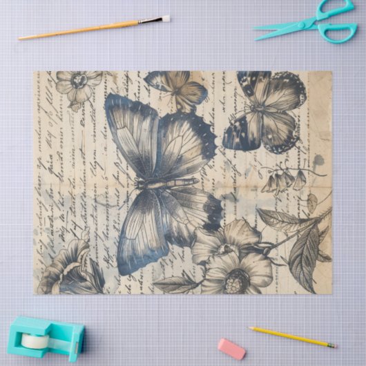 Oud papier met monochrome inktvlinders rozen (Craft)