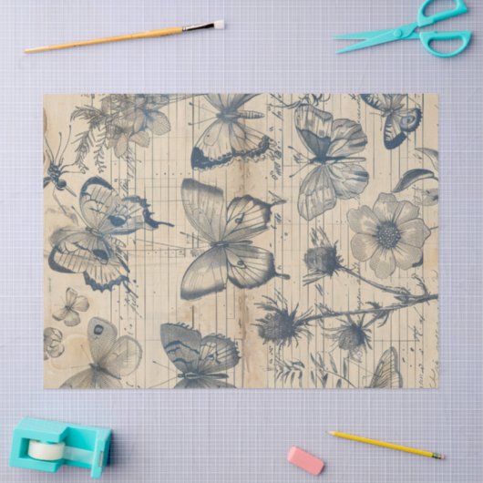 Oud papier met monochrome inktvlinders rozen (Craft)