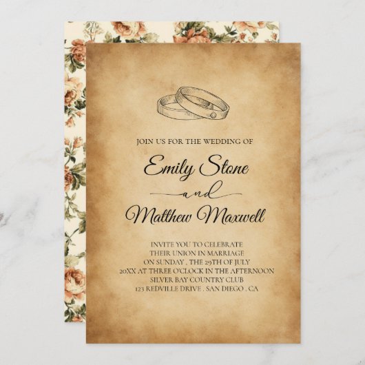 oud papier, rustieke bruiloft kaart (Voorkant / Achterkant)