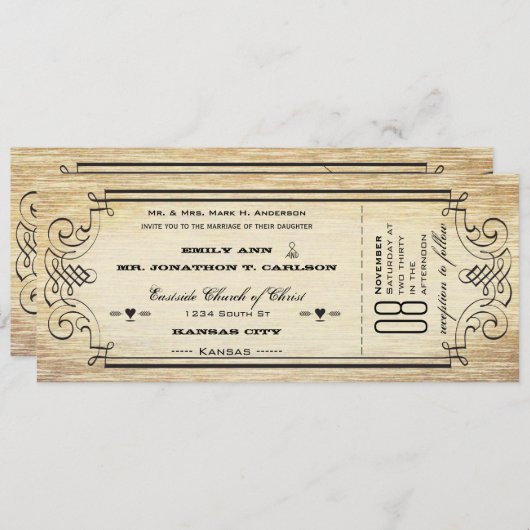 Oud papier Ticket Flourish Typography Wedding Kaart (Voorkant / Achterkant)