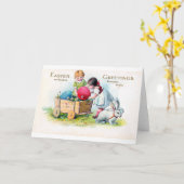 Oud Pasen Kind Konijn Ei Kaart (Gele Bloem)