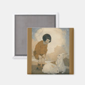 Oud Pasen, kind speelt met witte konijnen Magneet (Voorkant / Achterkant)