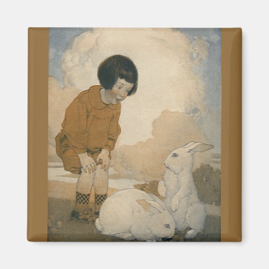 Oud Pasen, kind speelt met witte konijnen Magneet (Voorkant)