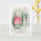 Oud Pasen Klein Meisje en Konijn Kaart (Gele Bloem)