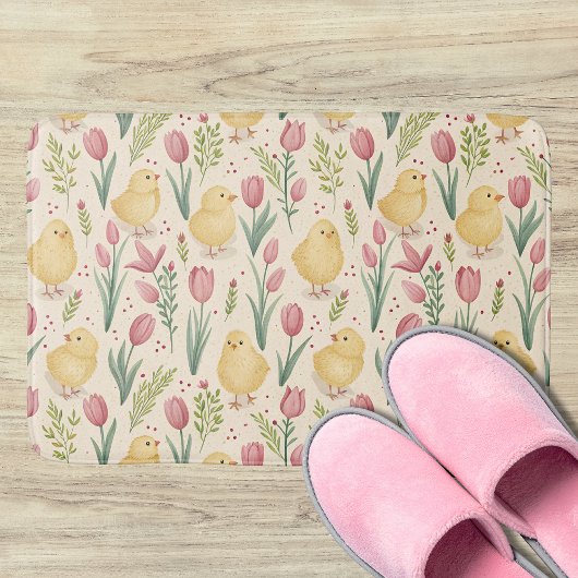 Oud Pasen Lieve Gele Kuikens Rode Tulpen Badmat