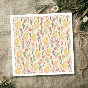 Oud Pasen Lieve Gele Kuikens Rode Tulpen Servet