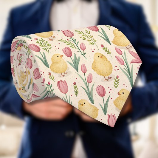 Oud Pasen Lieve Gele Kuikens Rode Tulpen Stropdas