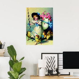 Oud Pasen Meisje en Baby Kuikens Poster