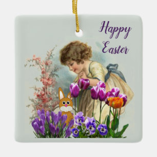 Oud Pasen Meisje Konijn en Tulpen Keramisch Ornament