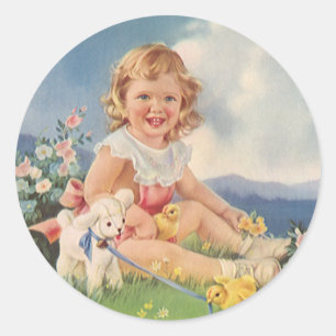 Oud Pasen, Meisje met Kuikens Lam in de Weide Ronde Sticker