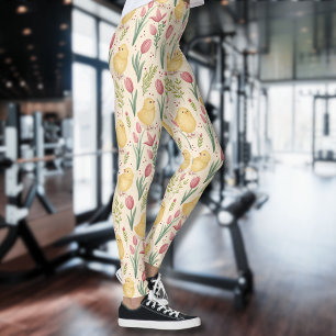 Oud Pasen Mooie Gele Kuikens Rode Tulpen Leggings