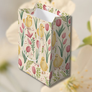 Oud Pasen Mooie Gele Kuikens Rode Tulpen Medium Cadeauzakje