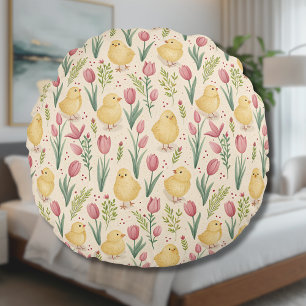 Oud Pasen Mooie Gele Kuikens Rode Tulpen Rond Kussen