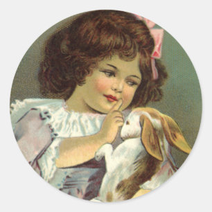 Oud Pasen, Victoriaans meisje konijn eieren Ronde Sticker