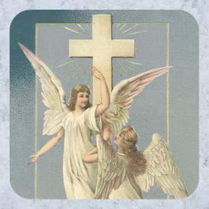 Oud Pasen, Victoriaanse engelen met een kruis Vierkante Sticker