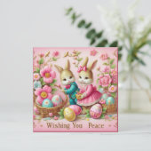 Oud Pasen ~ VREDE GEWENST ~ Konijnen ~ Feestdagenkaart (Staand voorkant)