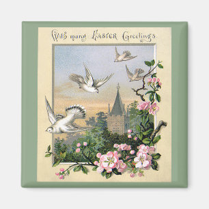 Oud Pasen, Witte Duiven Vogels en Bloemen Magneet