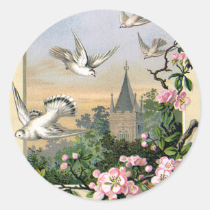 Oud Pasen, Witte Duiven Vogels en Bloemen Ronde Sticker