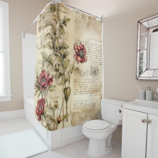 Oud perkament met elegante bloemendecoupage douchegordijn (In situ)