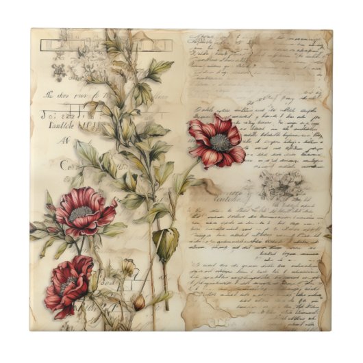 Oud perkament met elegante bloemendecoupage tegeltje (Voorkant)