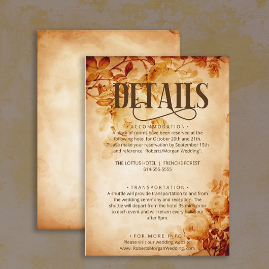  oud perkament met Roos bruiloft details Informatiekaartje