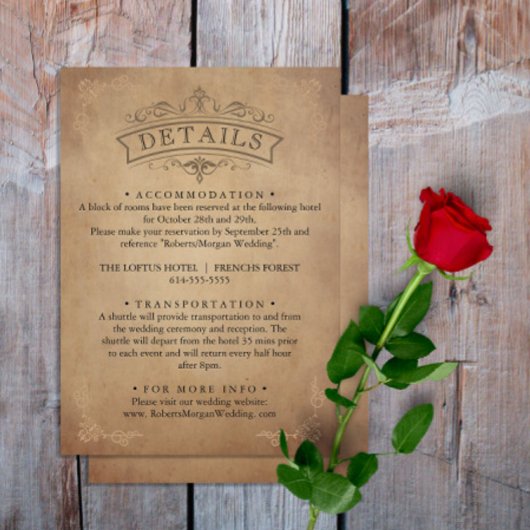  oud perkament Victoriaans bruiloft details Informatiekaartje