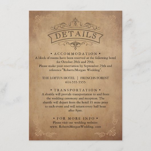 oud perkament Victoriaans bruiloft details Informatiekaartje (Voorkant)