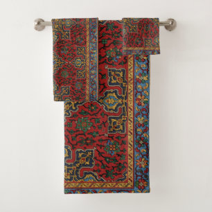 Oud Persisch Tapijtpatroon Rood Blauw Arabesk Bad Handdoek