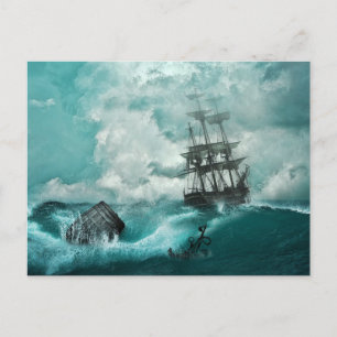 Oud Pirate Ship Anchor Vibrant Blue Stormy Zee Briefkaart