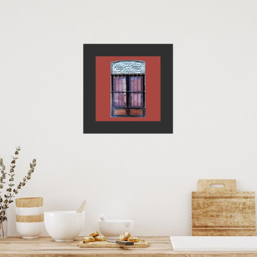 Oud raam met Grate in Barranco Poster (Keuken)
