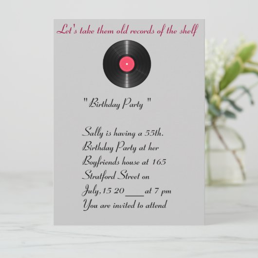 Oud record verjaardaguitnodiging. kaart (Staand voorkant)