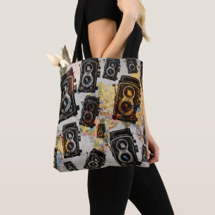 Oud reiscamera patroon tote bag