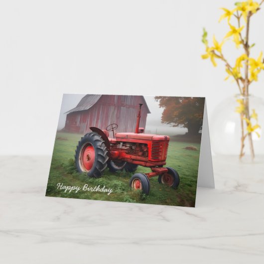 Oud Rood Boerderij Tractor voor Verjaardag Kaart (Gele Bloem)