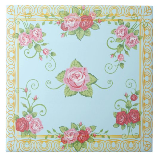  oud Roos blauw goud  teile patroon Tegeltje (Voorkant)