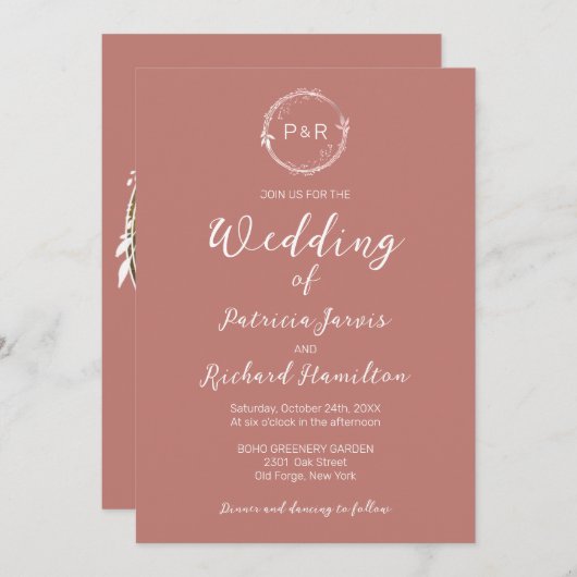 Oud Roos Monogram Elegant Wedding Uitnodiging (Voorkant / Achterkant)