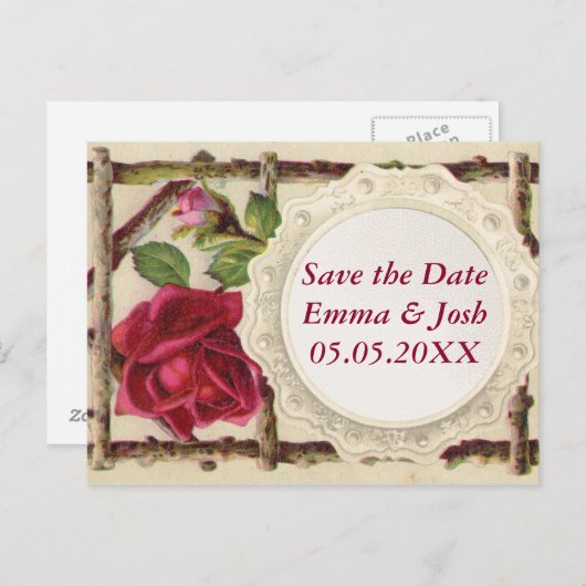 oud roos rustiek Victoriaans Antiek Aankondigingskaart (Voorkant / Achterkant)