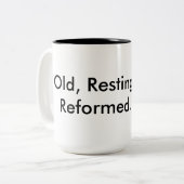 Oud, rust, hervormd. tweekleurige koffiemok (Voorkant links)