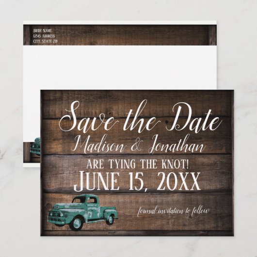  oud Rustic Wedding met Truck Save the Date Briefkaart (Voorkant / Achterkant)