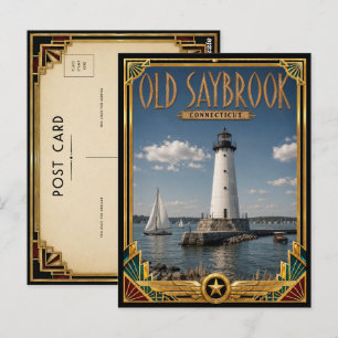 Oud Saybrook Connecticut Vintage Art Deco Goud Briefkaart