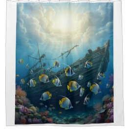 Oud scheepswrak op het rif met vissen douchegordijn