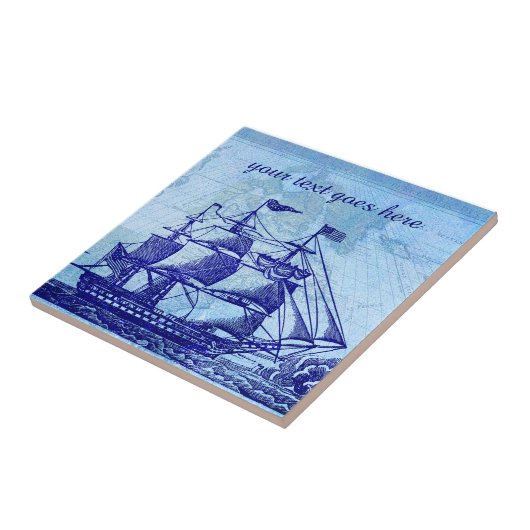 Oud schip en kaart blauw winkelhuis tegeltje (Zijkant)