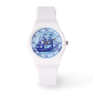 Oud schip en kaart Blauwe Nautical Sailors Horloge