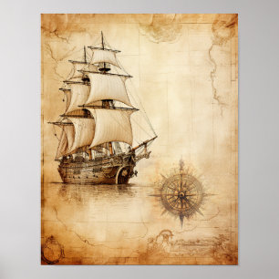 Oud schip en Windrose Compass Antiek Kaart Poster